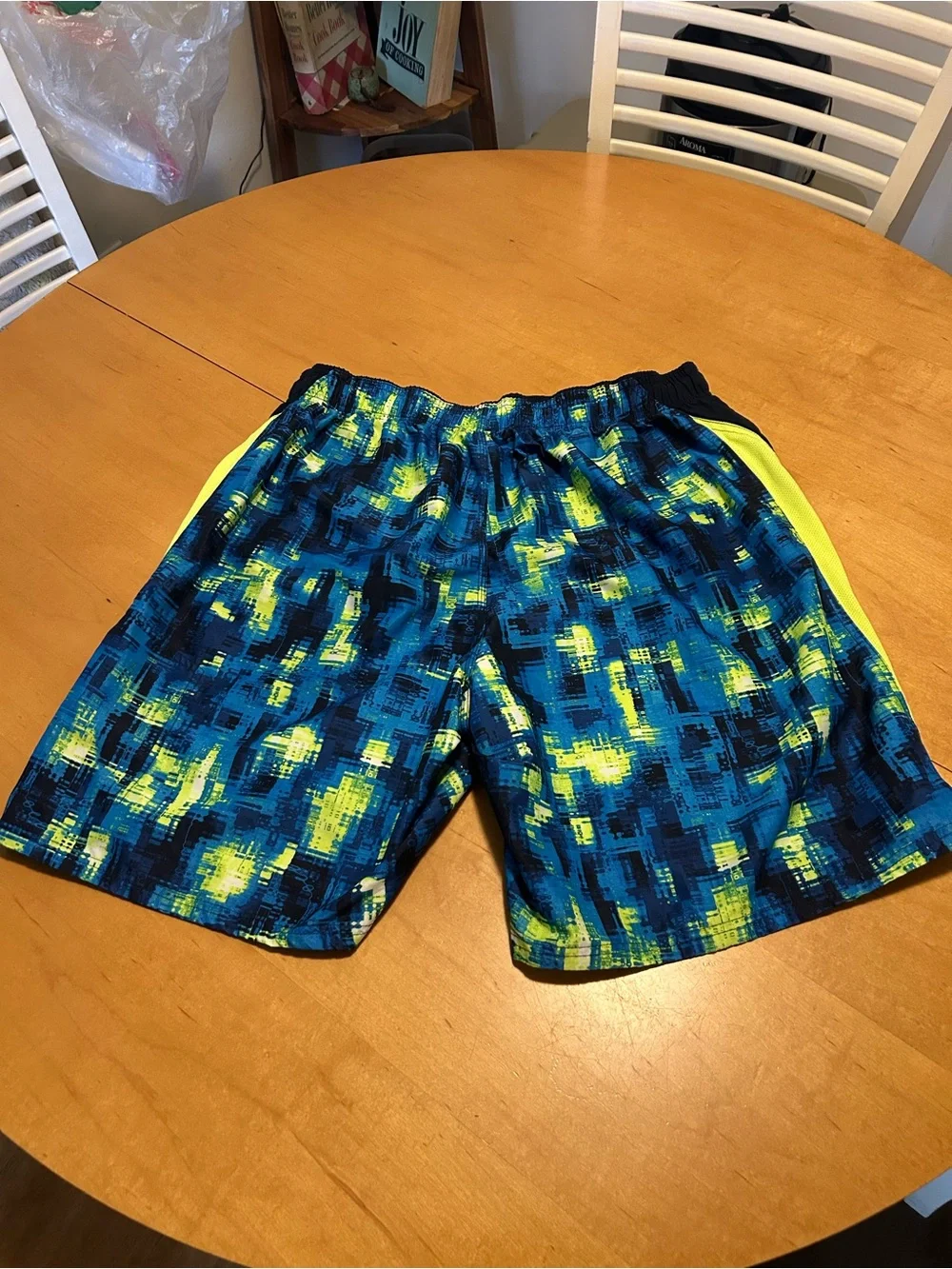 Nike Men’s Blue, Black & Neon Yellow Patterned Swim Shorts